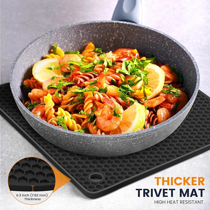 Silicone Trivet Mats 4 Heat Resistant Pot Holders Multipurpose Non-Slip Hot Pads for Kitchen Potholders, Drying mat, Jar Opener, Spoon Holder, Coaster.(Black Hidden Blue)