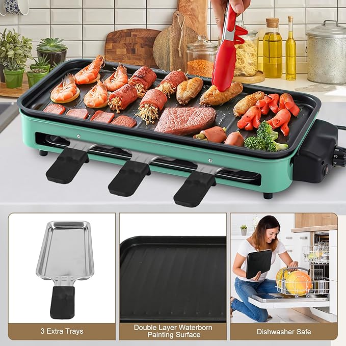 1500W Electric Indoor Grill, 2 in 1 Electric Griddle Nonstick with Grill Net & Removable Plate, 5 Adjustable Temperature Control Portable Korean BBQ Grill with 3 Small Trays