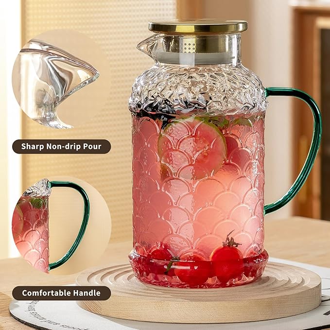 Buaic 2 PACK Glass Pitcher with Lid,68 oz/2 Liter Fish Scale Design Water Pitcher,Clear Borosilicate Glass Water Carafe for Cold Brew, Coffee, Lemonade, Iced Tea,Heat Resistant Water Glass Jug