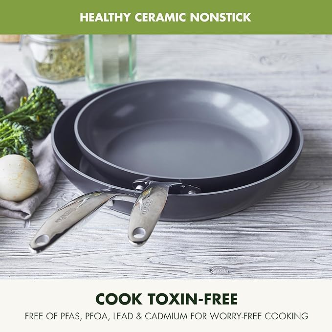 GreenPan Valencia Pro Hard Anodized Healthy Ceramic Nonstick 10" and 12" Frying Pan Skillet Set, PFAS-Free, Induction, Dishwasher Safe, Oven Safe, Gray