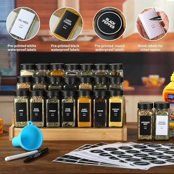 48 Glass Spice Jars with Labels, Spice Jar Set, 4oz Spice Containers, Seasoning Containers with Black Airtight Lids and Shaker Lids, Square Empty Spice Bottles, 492 Labels, 1 Funnel