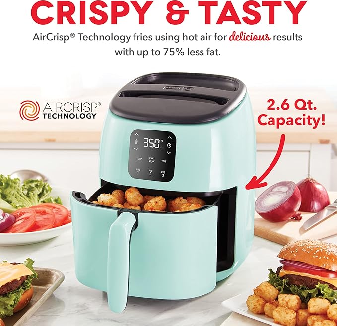 DASH Tasti-CrispTM Digital Air Fryer with AirCrisp Technology, Custom Presets, Temperature Control, and Auto Shut Off Feature, 2.6 Quart - Aqua + Dash 6-Piece Air Fryer Accessory Kit, 2 Quart, Compact