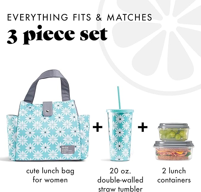 Fit & Fresh Lunch Bag For Women, Insulated Womens Lunch Bag For Work, Leakproof & Stain-Resistant Large Lunch Box For Women With Containers and Matching Tumbler, Snap Closure Westport Bag Aqua