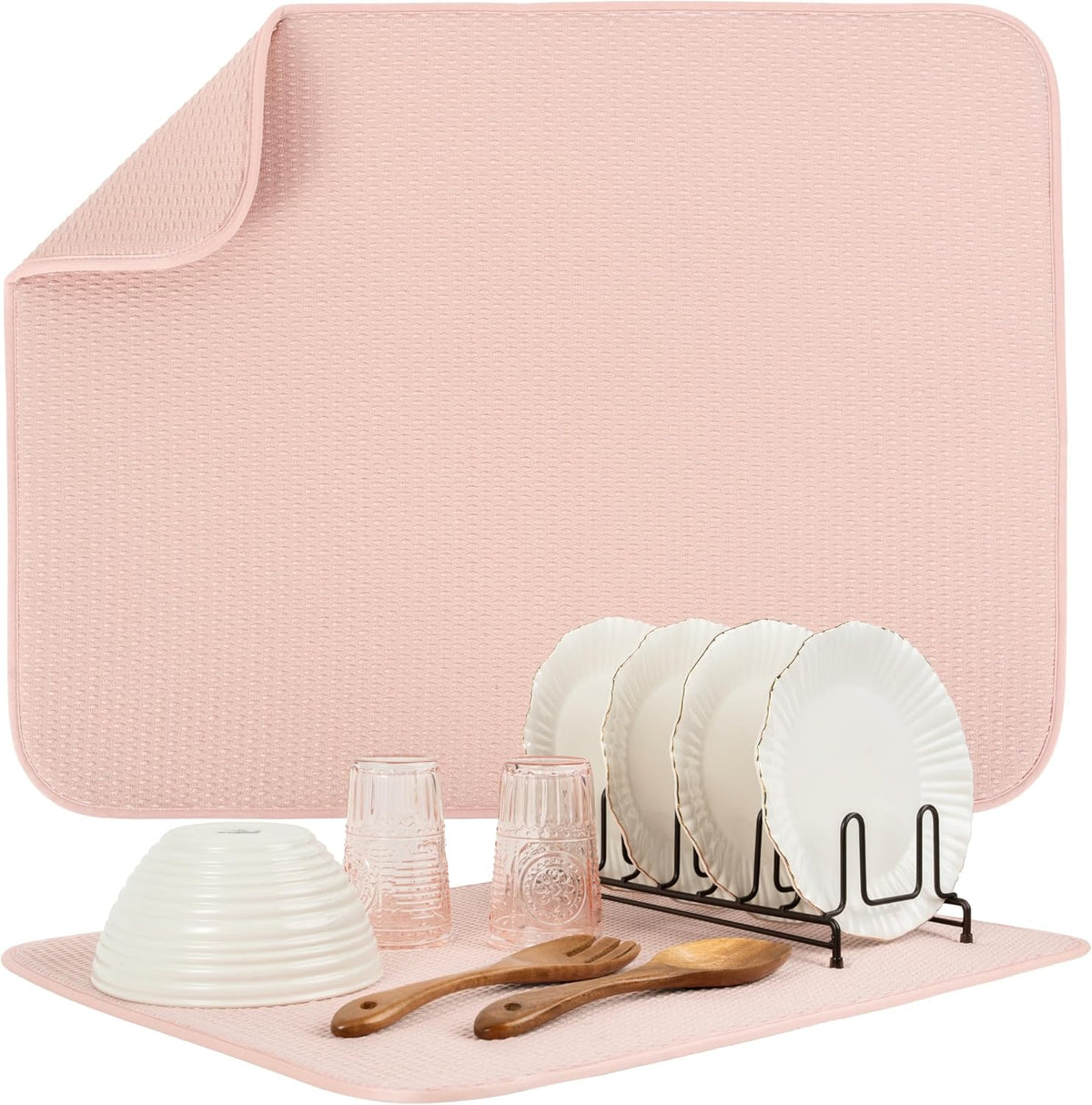 S&T INC. Dish Drying Mat XL, 18” x 24”, Absorbent Microfiber Kitchen Counter Mat, Drying Pad for Dishes, Utensils, Pots and Pans, Extra Large, Diamond Texture, Pink