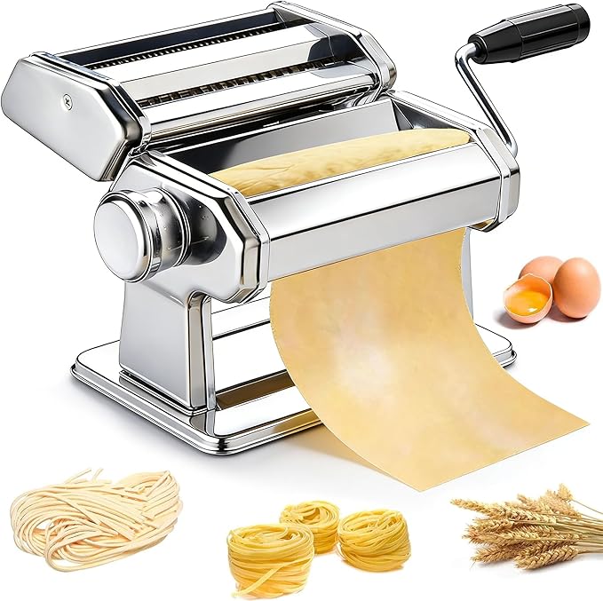 Pasta Maker, METLUCK Stainless Steel Pasta Machine Manual Roller Pasta Maker with 9 Thickness Settings for Spaghetti Linguine Fettuccine Lasagne, Includes Dough Cutter & Hand Crank