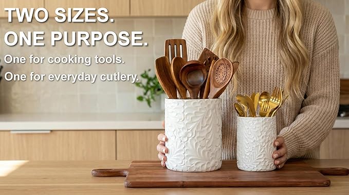 25DOL Large 7.3"+5.4" Engraved Ceramic Utensil Holder for Countertop, Cooking Utensils Organizer for Spatula, Large Utensils Crock for Kitchen Counter, Kitchen Decor, set of 2, White