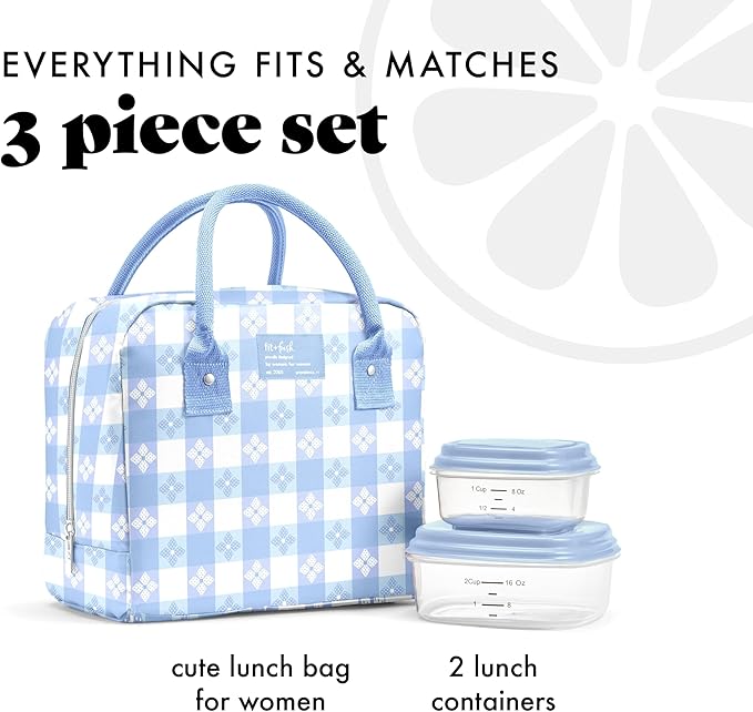 Fit & Fresh Bloomington Lunch Bag for Women - Insulated Large Lunch Box for Work with Containers, Leak-Resistant, Stain-Resistant, Zipper Closure, Cornflower Blue Picnic