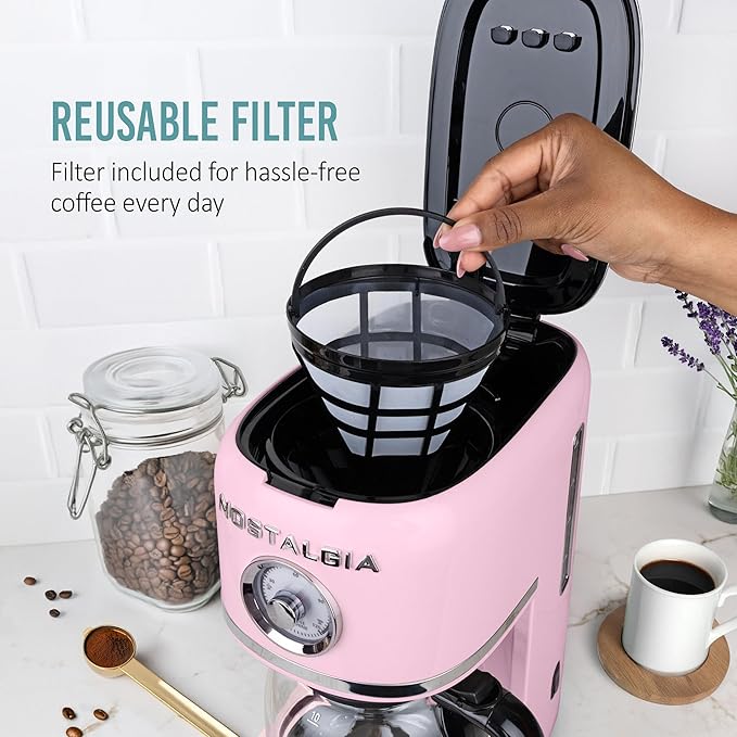 Nostalgia Classic Retro 10 Cup Coffee Maker - One-Touch Drip Brew, Reusable Filter - Anti-Drip, Auto Shutoff, & Time Display - Dishwasher Safe 50 oz Carafe - Pink