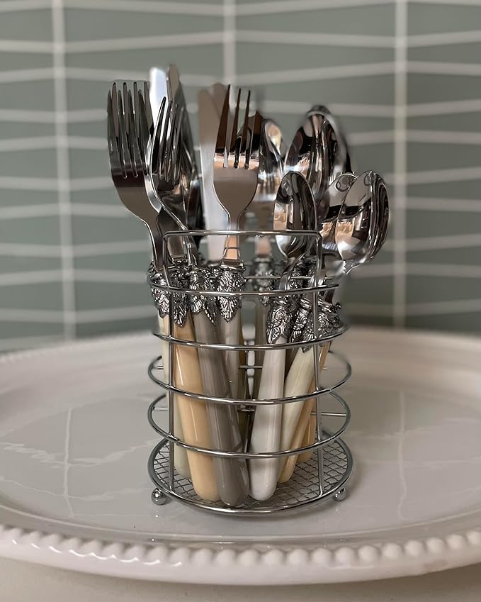 The Original Brink House Baroque Bone Mix & Match Stainless Steel Cutlery Set with Assorted Handles / 16 pieces with Metal Stand/Lifestyle utensils set for home, first apartment, dorm, fine dining