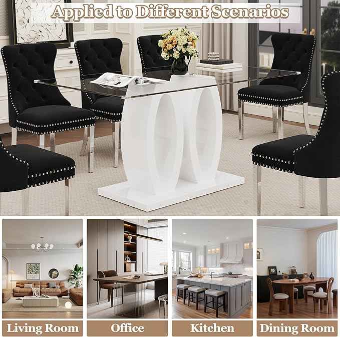 63" Glass Dining Table Set for 6, 7-Piece Rectangular Kitchen Table with Tempered Glass Top, White Double O-Shaped MDF Base, and 6 Black Velvet Upholstered Chairs for Dining Room, Living Room, Office