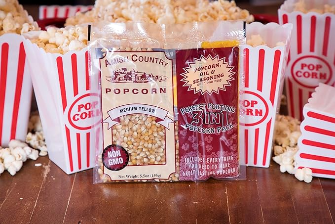 Amish Country Popcorn | All-In-One Medium Yellow Kernel Popcorn Packs | Pre-Measured for Popcorn Machines and Includes Hulless Popcorn, Oil & Salt (5.5 ounce, Pack of 24)