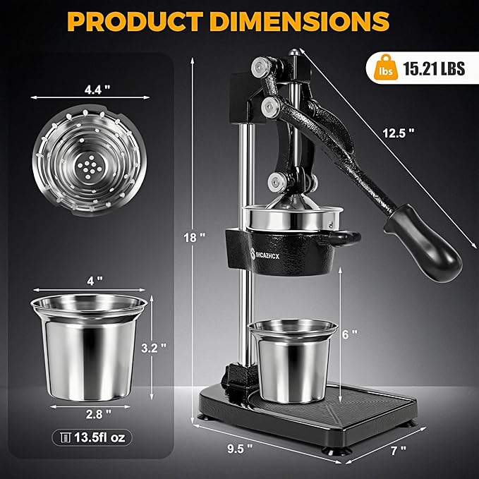 Cast Iron Juicer, Manual Citrus Press, Heavy Duty Hand Press Fruit Squeezer with Stable Base & Maximum Juice Yield for Orange Lemon Lime Pomegranate, Black