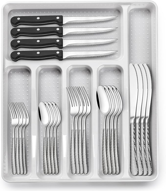 49-Piece Hammered Silverware Set with Organizer, Food-Grade Stainless Steel Flatware for 8, Cutlery Utensil Sets with Steak Knives, Rust-proof, Mirror Polished, Dishwasher Safe, Round Hammered