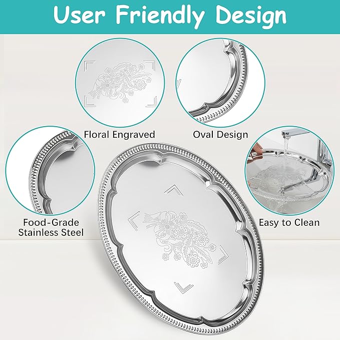 6-Pack Large Silver Serving Trays (16" x 12") – Oval Floral Engraved Serving Platters for Parties, Weddings, Birthdays, Festive Occasions – Mirror Trays for Appetizers, Charcuterie, Cookies, Desserts