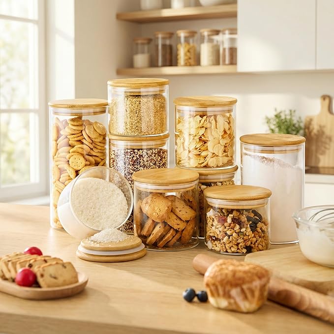 32oz & 21oz - 4 Pack Glass Jars with Bamboo Lids, Glass Pantry Storage Containers with Airtight Lids, Round Air Tigh Food Storage Canisters for Cereal, Pasta, Flour, Sugar, Best for Kitchen Organizer