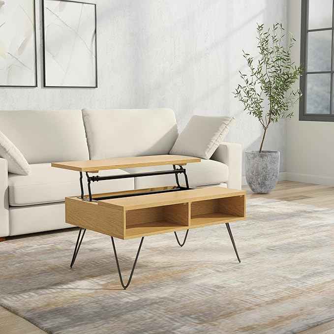 SIMPLIHOME Hunter Small Lift Top Coffee Table - 36 inch Wide Oak Veneer and Metal Industrial Cocktail Table in Oak, Living Room Table with Hidden Storage, 2 Cubbies, and Hairpin Legs