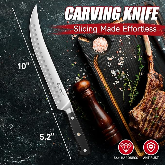 KEEMAKE Butcher Knife, 10‘’ Carving & Slicing Knife with Ergonomic Full Tang Handle, German High-Carbon Steel, Sheath Included, Razor Sharp for Meat, Roasts, BBQ, Turkey, Grilling Gifts for Men