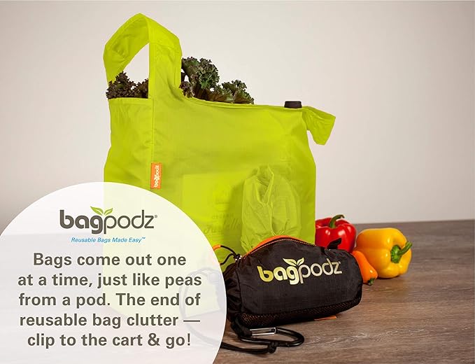 Sturdy Reusable Grocery Bags Foldable and Washable - Made From RipStop Nylon Hold 50lbs - Designed in USA Reusable Shopping Bags Inside a Compact Pod with Carry Clip - 10 Pack in Green