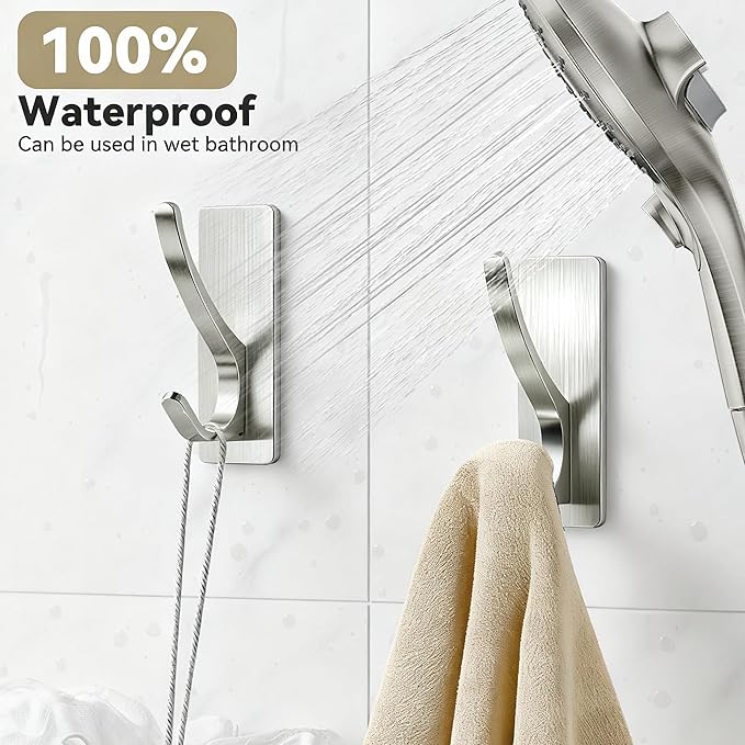 pickpiff Brushed Nickel Self Adhesive Coat Hooks for Hanging: 13LB Extra Strong Stainless Wall Hook for Towel, Utensil, Backpack, Hat, Sturdy Metal Hanger for Bathroom, Kitchen, Door, 4 Pack