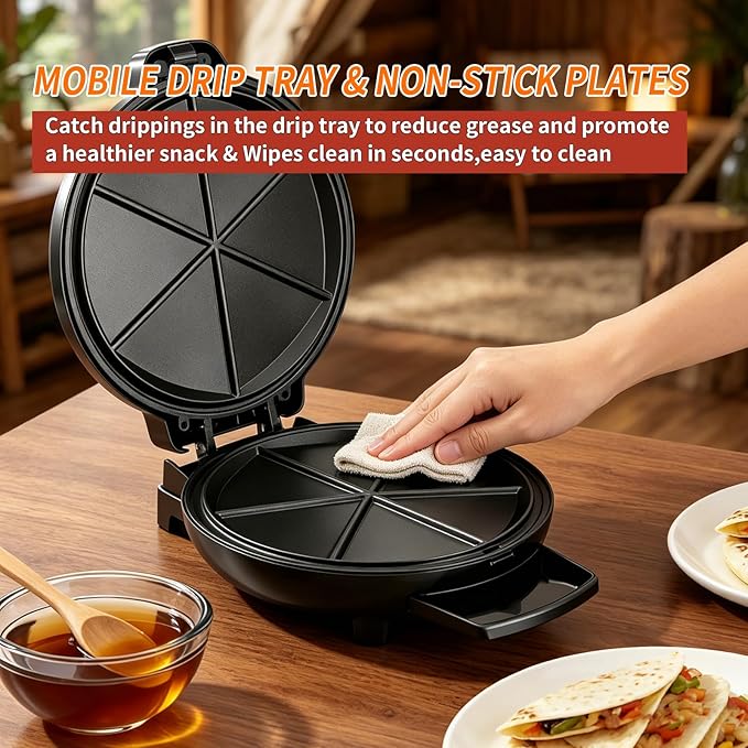 Electric Quesadilla Maker, 9.5'' Quesadilla Press with Extra Stuffing Latch, Easy Slice 6 Wedge, Grilled Cheese Corn Flour Tortilla Snacks, Nonstick Plates, Easy to Clean, Non-Slip Feet, Black