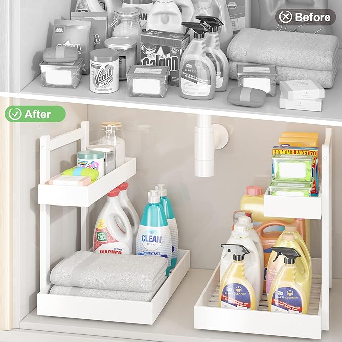 Under Sink Organizer - 1-Tier Pull Out Cabinet Organizer Vertical Slide Out Sink Shelf Storage Shelves for Multi-Purpose Bath Kitchen Bathroom Medicine (White, 1 Pack)