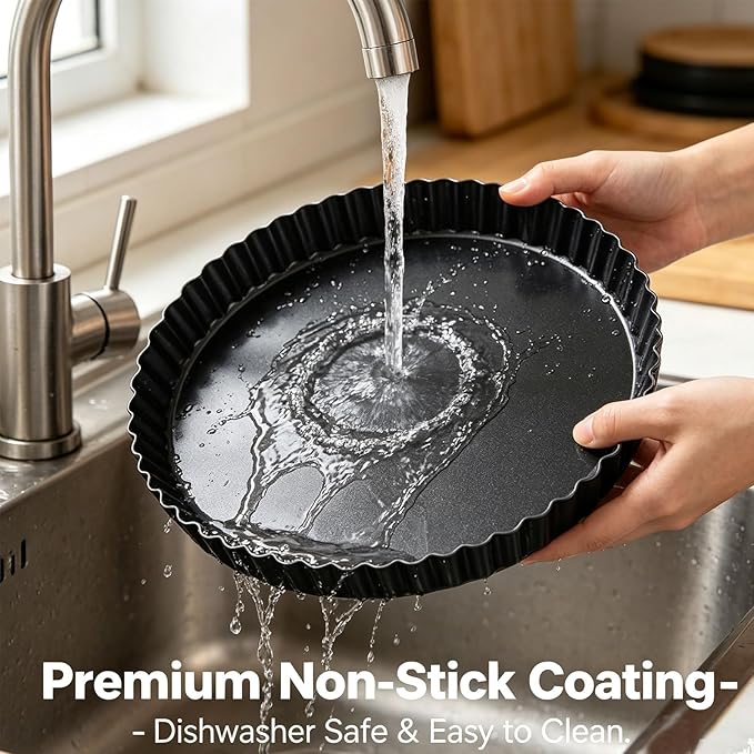 10 Inch Nonstick Tart Pan with Removable Bottom, Carbon Steel Quiche and Pie Pan- 1.1-Inch Depth, Fluted Edges for Baking Tarts, Quiches, Mousse Cakes, and Desserts