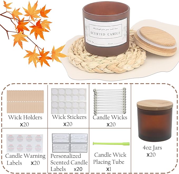 MILIVIXAY 20 Pack 4 OZ Fall Candle Jars with Lids and Candle Making Kits - Bulk Small Empty Candle Jars for Making Candles - Spice, Powder Containers.