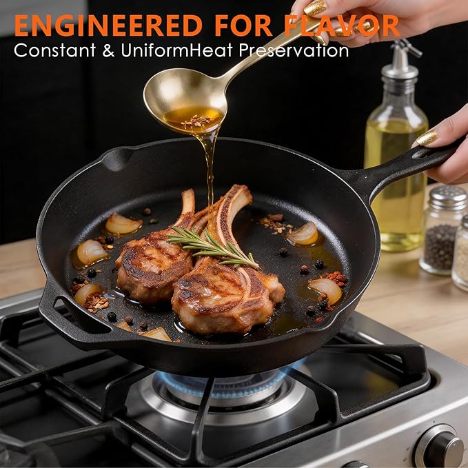 6 Piece Pre-Seasoned Cast Iron Cookware Set – Incl. 5QT Dutch Oven with Lid, 8'' and 10.25'' Cast Iron Skillets, 10.5'' Round Griddle, and a Square Grill Pan for Kitchen, Stovetop, & Camping