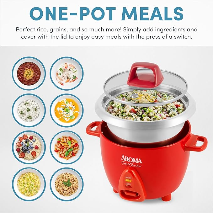Aroma Housewares Select Stainless Rice Cooker & Warmer with Uncoated Inner Pot, 6-Cup(cooked)/ 1.2Qt, ARC-753SGR, Red