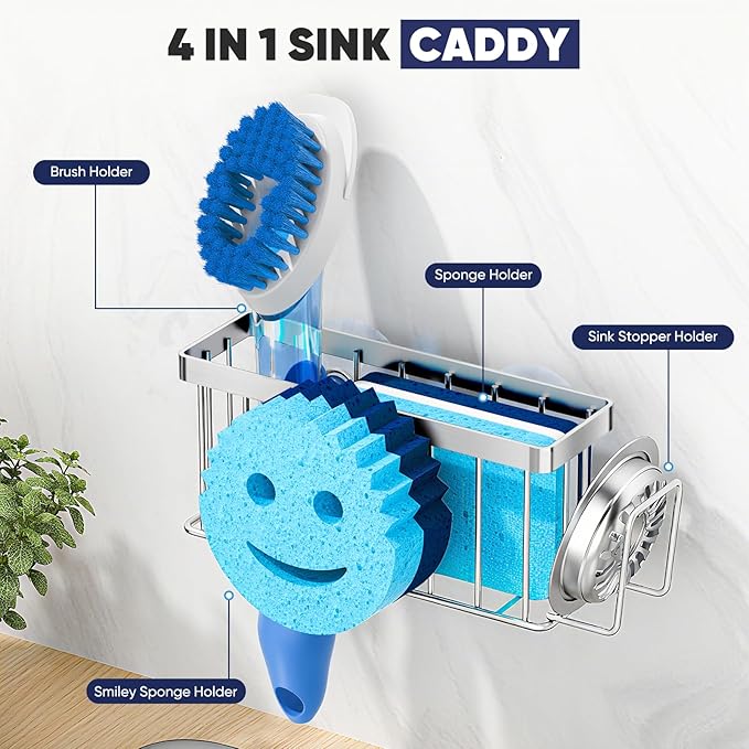 Sponge Holder for Kitchen Sink,Sink Caddy Smiley Face,4-in-1 Sponge Holder with Suction Cups & 1 PCS Adhesive Strips for Holding Soap,Brush,Scrubber,Sponge,Stopper-Silver