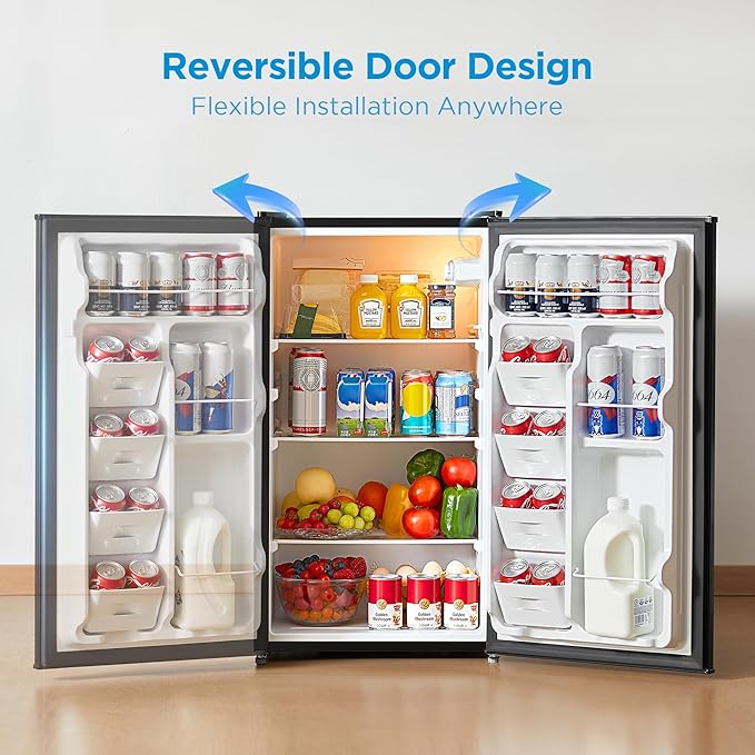 Midea MERM33S1ABB Mini Fridge, 3.3 Cu.ft Compact Fridge with Internal Light, Adjustable Thermostat, Reversible Door, Low Noise for Dorm, Office, Bedroom Black