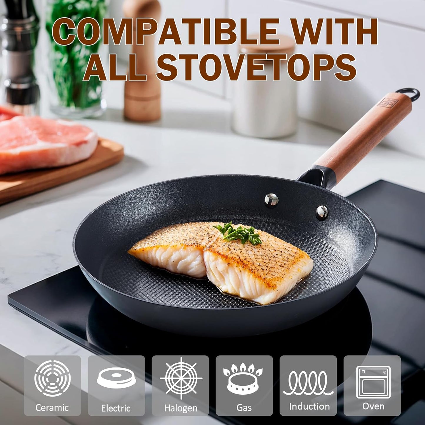 DM Cast Iron Skillet, 2 Piece Nonstick Frying Pan Set, 8 and 10 Inch with Detachable Acacia Wooden Handle, Honeycomb Non stick Omelet Egg Pan, Easy Clean Oven Safe Pans for Cooking