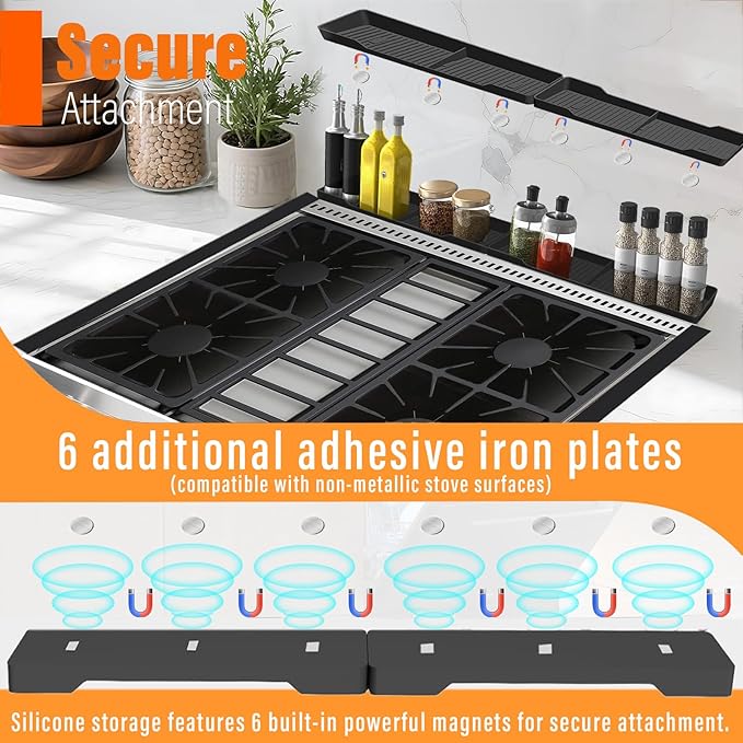 Stove Gap Covers Stainless Steel 2PC(0.08"–0.7"W,13.8"–27.5"L)+4PC Gas Burner Covers+2PC Oven Liners+30"(2x15") Silicone Magnetic Stove Shelf|Universal Gas Stove Accessory Bundle Bonus 3 Brushes