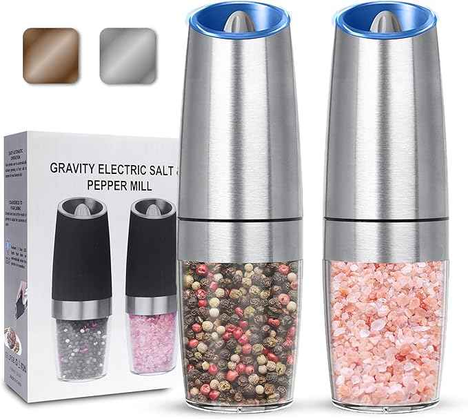 Gravity Electric Salt and Pepper Grinder set of 2, Automatic Salt And Pepper Grinder Set, Adjustable Roughness, Battery Powered, LED Light, 2 Pack, (Silver)