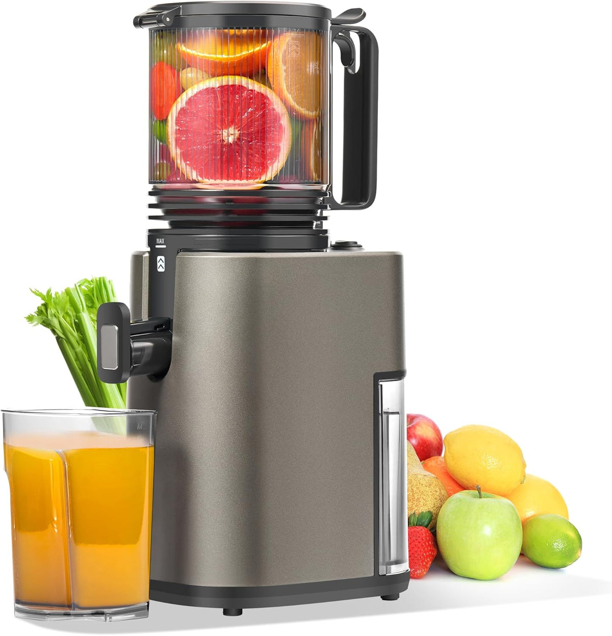 Cold Press Juicer, 5.4" Wide Feed Chute Juicer Machines for Vegetable and Fruit, Slow Masticating Juicer Easy to Clean, Grey