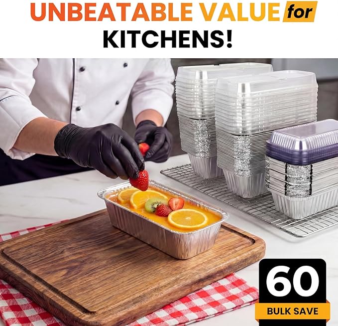 60 Pack Disposable Foil Loaf Pans with Lids Combo Set,30 Pack 8.7x4.6x2.5 Aluminum Loaf Pans & 30 Pack 8x4.3x2 Aluminum Bread Pan For Baking Cakes Bread Meat.