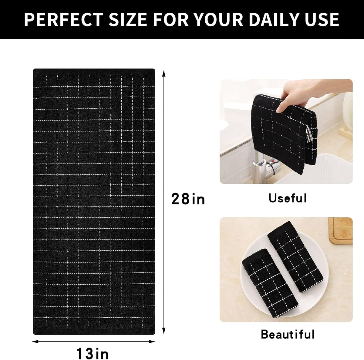 Homaxy 100% Cotton Terry Kitchen Towels(Black, 13 x 28 inches), Checkered Designed, Soft and Super Absorbent Dish Towels, 8 Pack