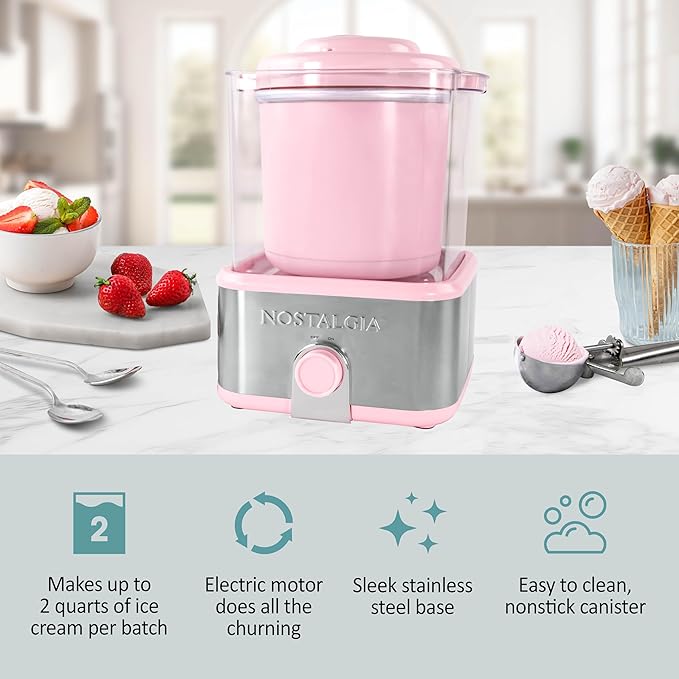 Nostalgia Electric Ice Cream Maker with 2-Qt Double Insulated Gel Canister & Stainless Steel Base - Makes Sorbet, Soft Serve, and Frozen Yogurt - Pink