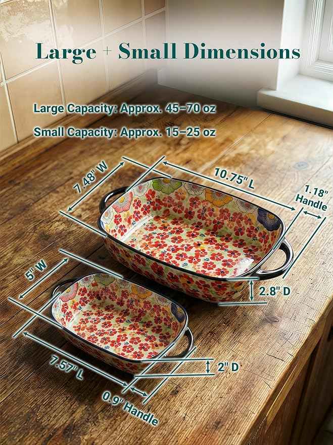 Polish Pottery Style Ceramic Baking Dish Set, 2-Piece Casserole Bakers for 2–3 People, Floral Decorative Bakeware, Oven Safe Lasagna Pan, Microwave Dishwasher Safe, Gift-Ready, Protective Packaging