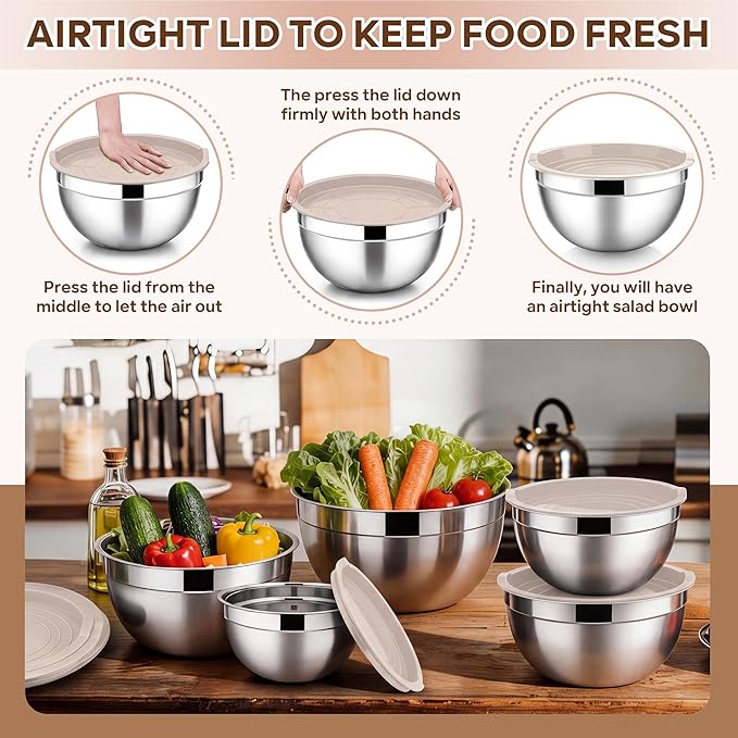 E-far Mixing Bowls With Lids Sets of 5, 10-Piece Stainless Steel Salad Metal Nesting Bowl for Baking Cooking and Prepping, Airtight Lid & Stackable Design, Size 4.6, 3, 2.1, 1.5, 0.7 QT, Khaki