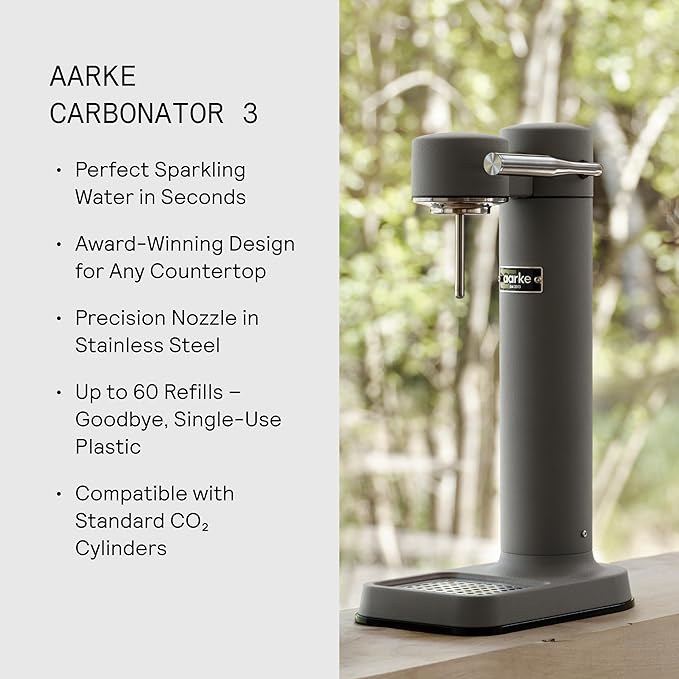 Aarke Carbonator lll with CO2 Cylinder, Sparkling & Carbonation Water Machine, Stainless Steel with PET BPA-Free Reusable Bottle Volume 1L/34 fl oz (Matte Grey)