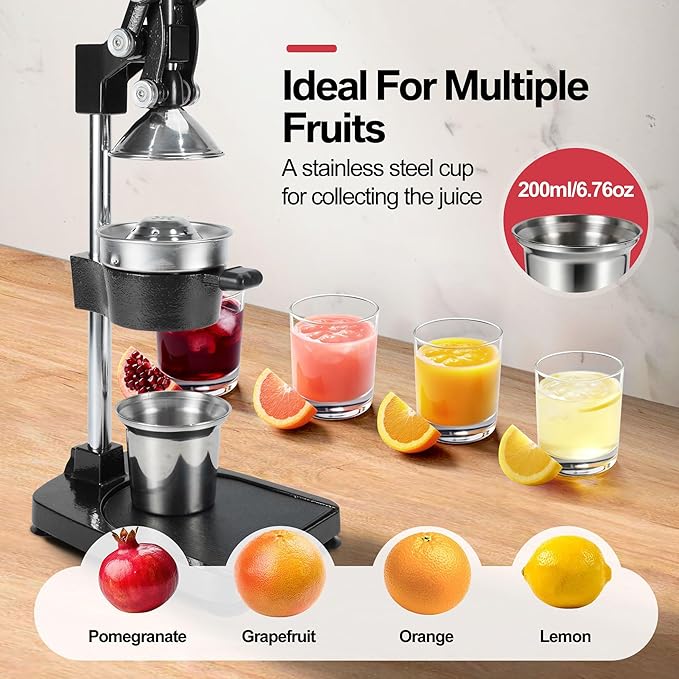 18 Inch Height Commercial Heavy Duty Cast Iron Hand Press Manual Orange Citrus Lemon Lime Grapefruit Pomegranate Fruit Juice Squeezer Machine with Stainless Steel Cup and Durable Base Black