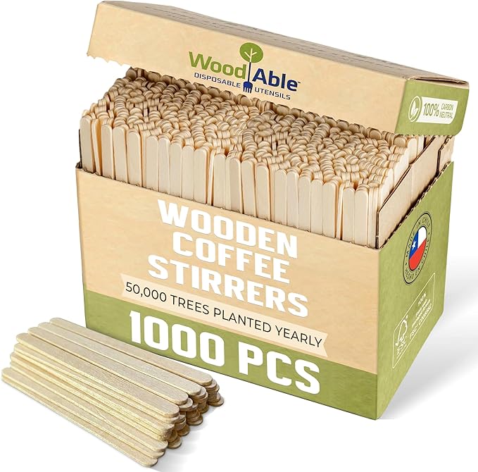 5.5 Inch Wooden Coffee Stirrers, 1000 Count, Disposable & Compostable Wood Coffee Stick Stirrers | Eco-Friendly, Sustainable, Organic, Biodegradable, Vegan-Friendly Coffee Station Supplies