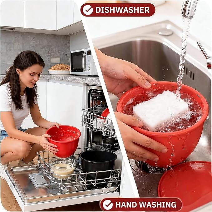 3PCS Silicone Bowl Liners with Lids,5Qt Tilt-Head Silicone Liners for Kitchenaid Stand Mixer,Odourless,Thicker, Cold/Heat-Resistant & Non-Stick, Easy Clean(Red+White+Black)(with Oven mitts)