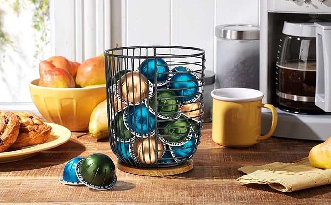 MosJos Coffee Pod Holder -Black Wire K Cup Storage with Wooden Base - Large Capacity Slim Design - Modern Coffee Basket Decor for Kitchen Countertop for Keurig Kcups & Espresso Capsules