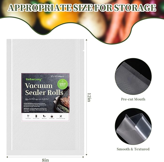 Vacuum Sealer Bags For Food - 100 Quart 8" x 12" - Commercial Grade BPA Free Bag - Durable Customized Size Food Vac Bags for Storage and Sous Vide Cooking - Puncture Prevention