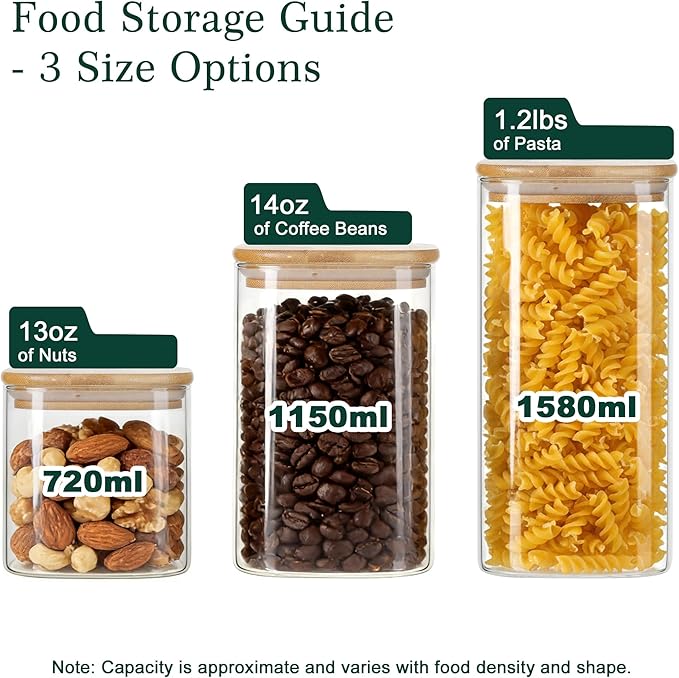 LIBWYS 12-Pack Glass Pantry Storage Containers with Bamboo Lids (0.76Qt/1.22Qt/1.67Qt) - Stackable Square Food Jars for Pantry Organization, Coffee, Flour, Snacks, Tea | Kitchen Canisters Set