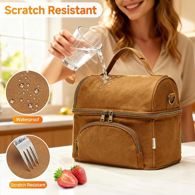 Lunch Box with Ice Packs, Waxed Canvas Lunch Bag for Men, 10.5L Leakproof Insulated Lunch Cooler for Men Work, Dual Compartment Soft Cooler for Work, Camping, Beach & Road Trips