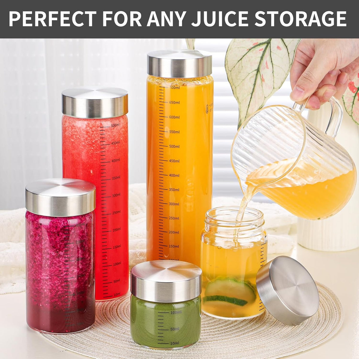 8 Oz Glass Juice Bottles, 4 Pack Glass Bottles with Lids, BPA Free, Borosilicate Glass, Leak Proof Lids for Juicing, Smoothies, Infused Water, Beverage Storage, Shaker Bottles