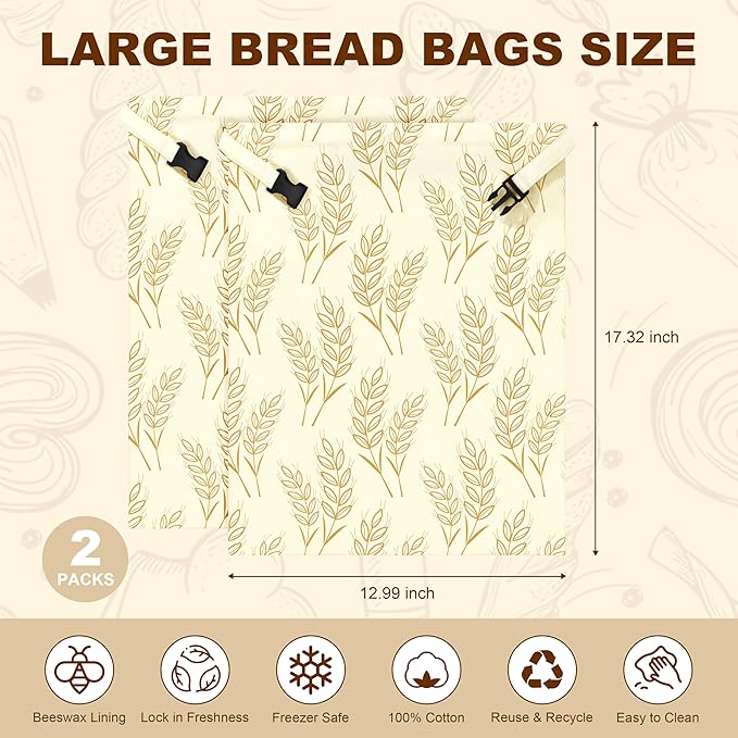 BuyCard Reusable Beeswax Food Storage Bags, Natural Cotton with Wheat Pattern, Large Size Zipper Bags for Homemade Bread Storage, 2 Pack